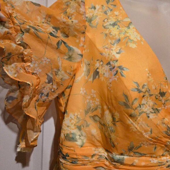 Mac Duggal Flounce Sleeve Floral Maxi Dress in Yellow Multi Size 14 - Picture 11 of 15